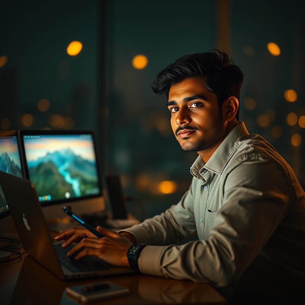 A young professional glowing in the light of travel reels on his screens