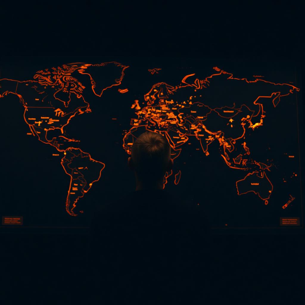 A man looking at a glowing world map of every place he has been