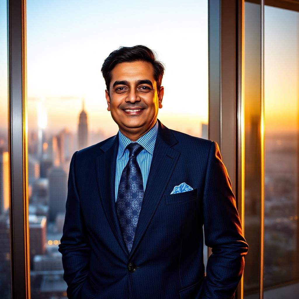 A successful businessman in his office at golden hour