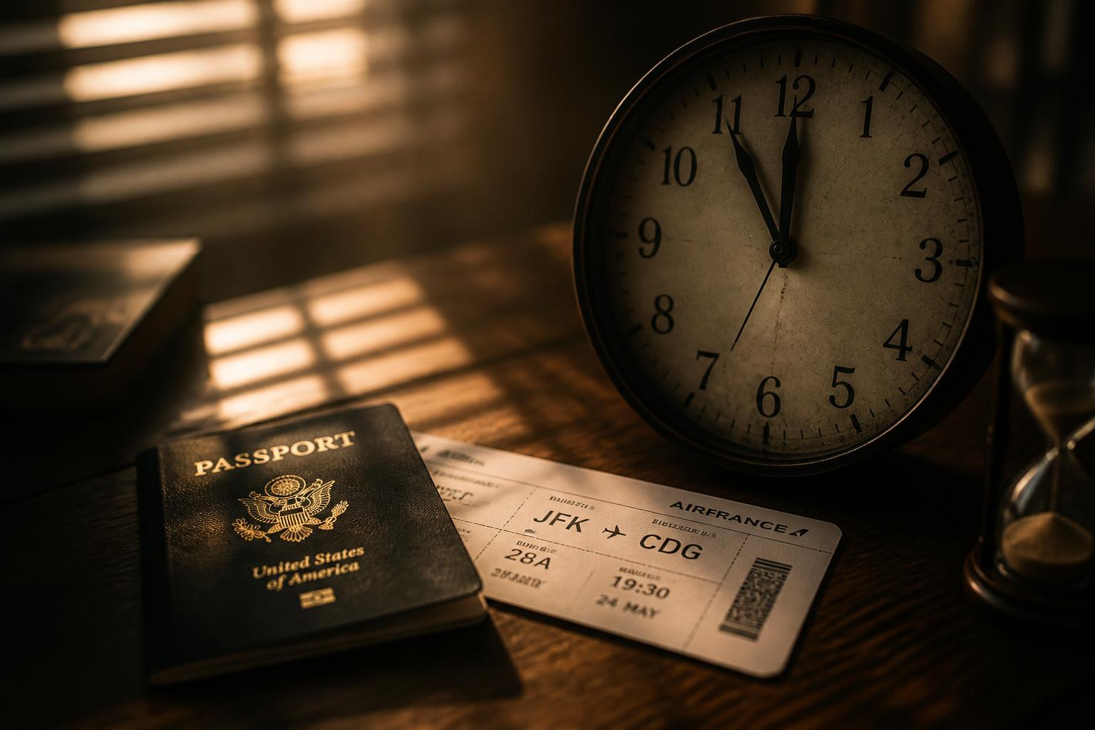 A passport on a desk beside a ticking clock