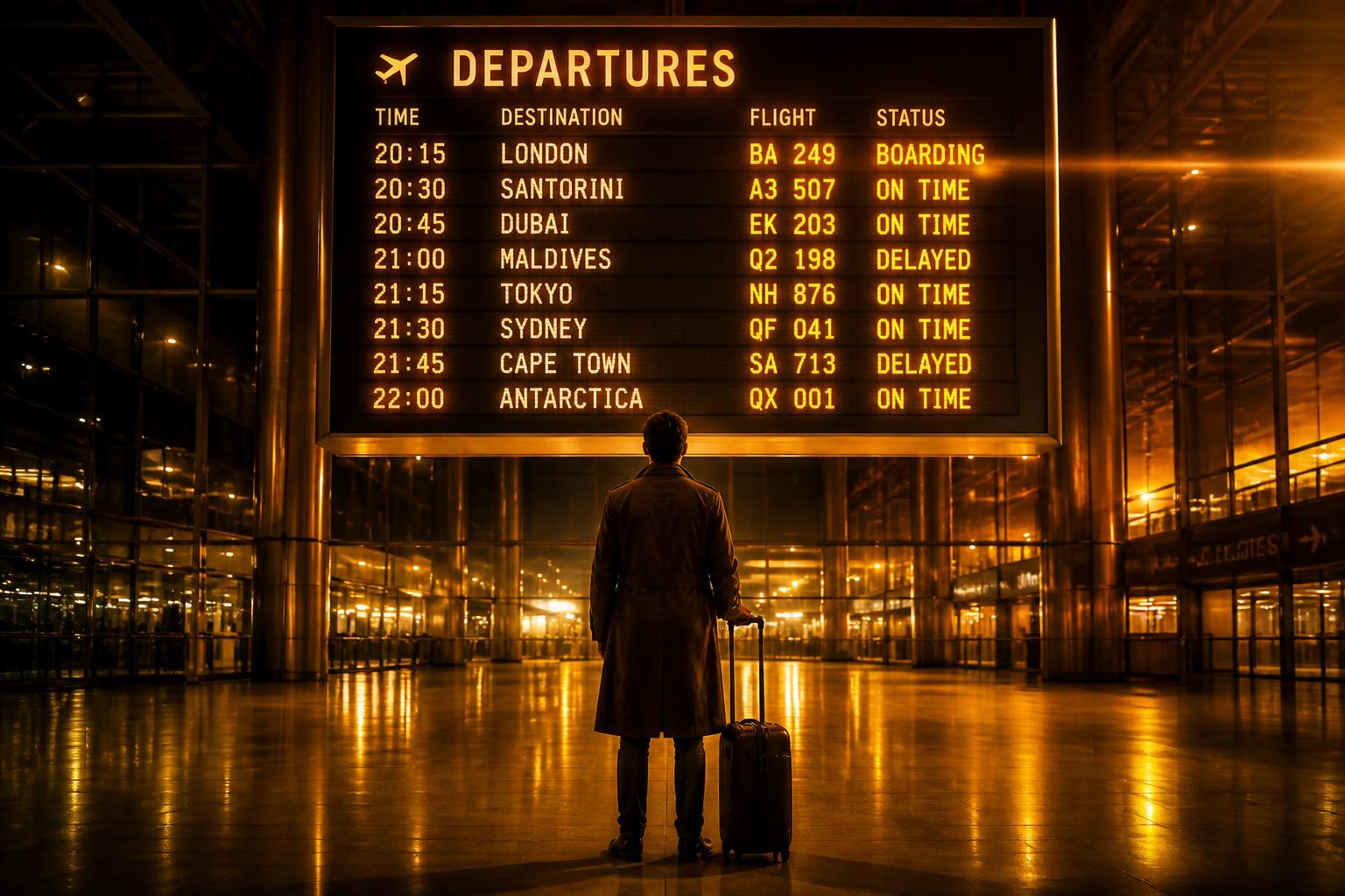 A traveller standing before a glowing airport departures board