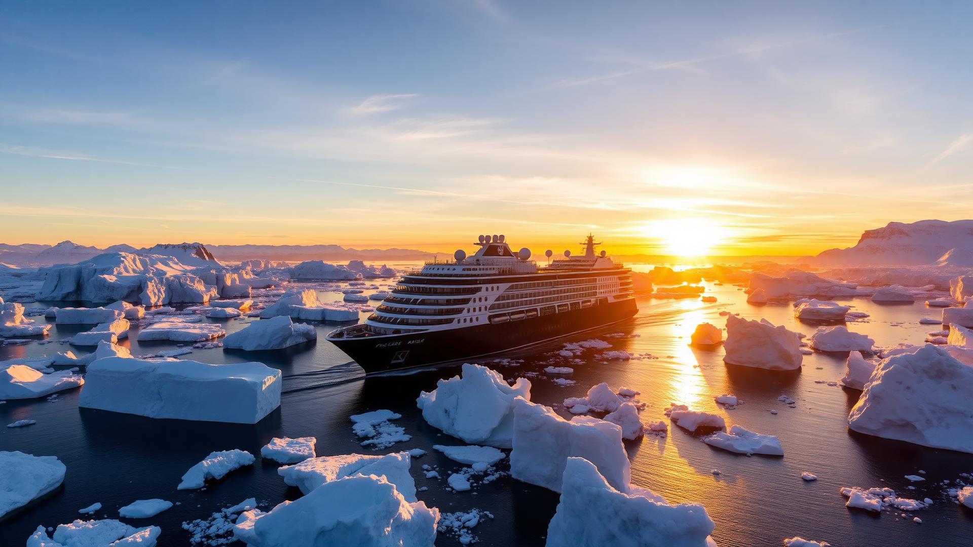 A luxury cruise ship sailing beside icebergs