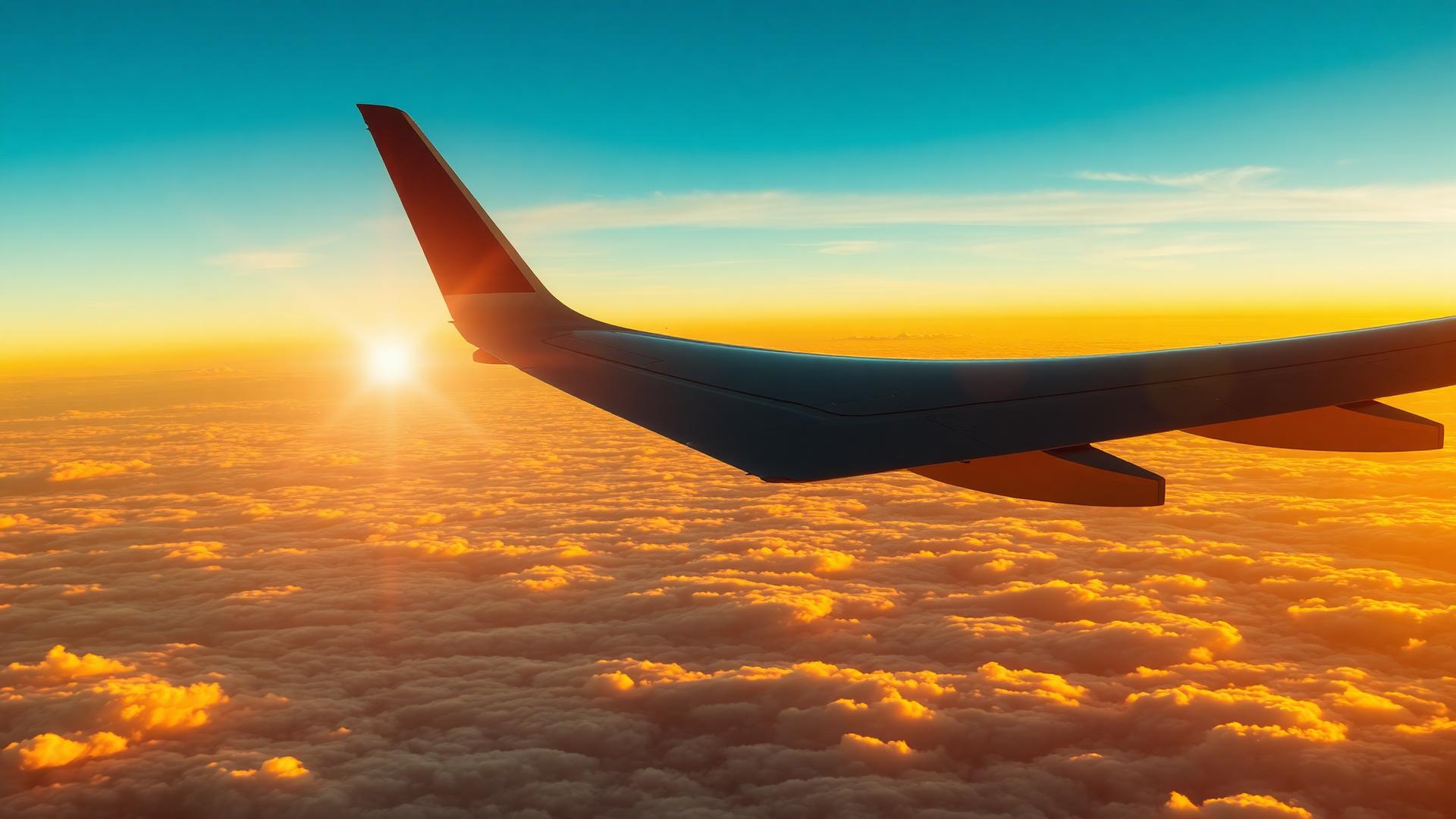 An aircraft wing above the clouds at golden hour