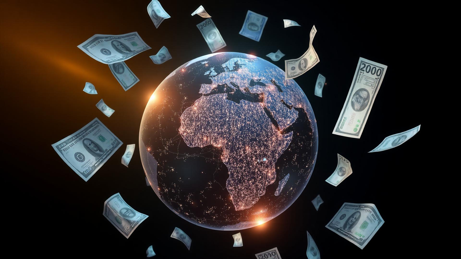 Multiple currencies, a passport and a boarding pass on a marble desk