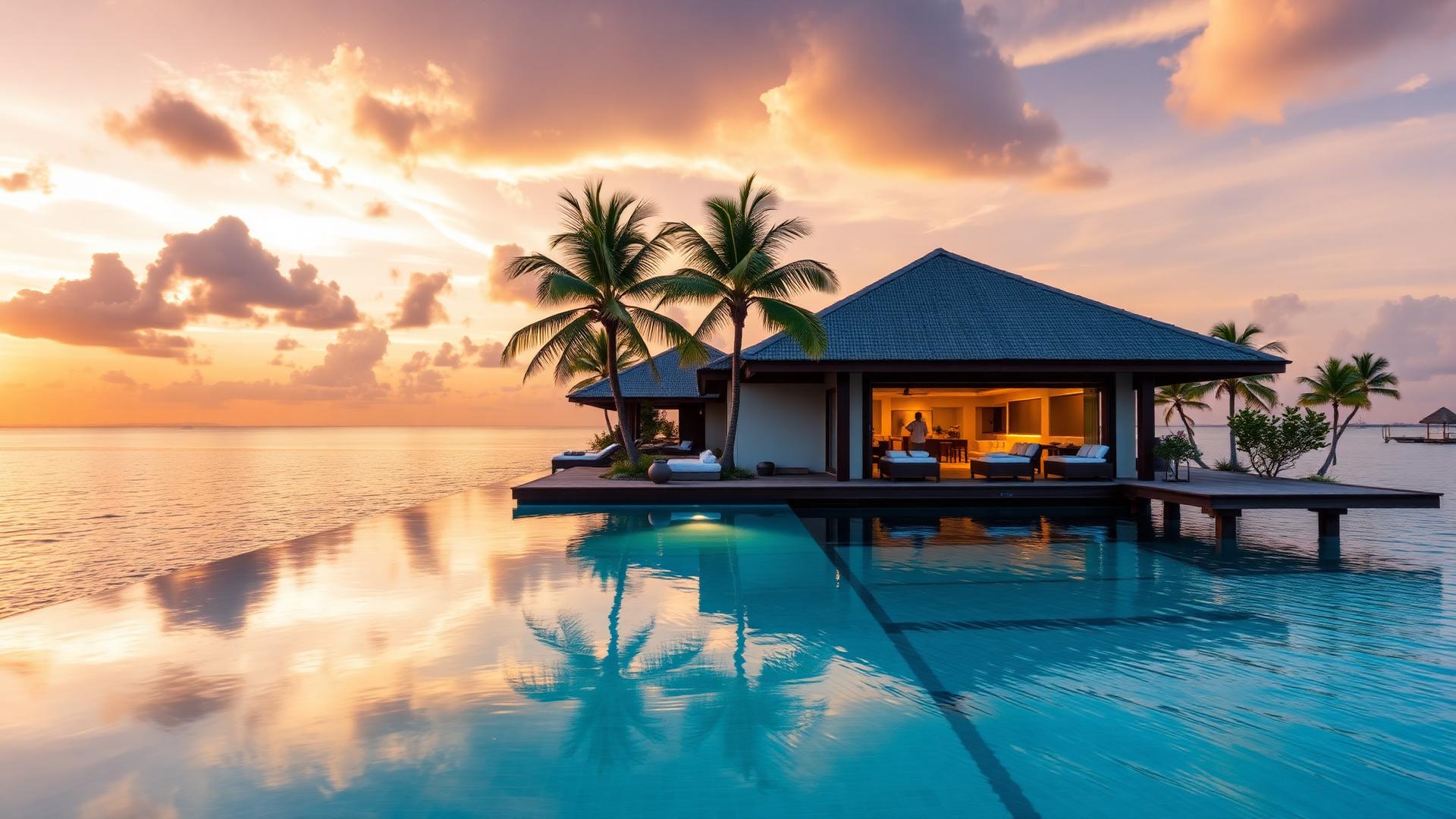 A luxury resort suite with ocean view at sunset